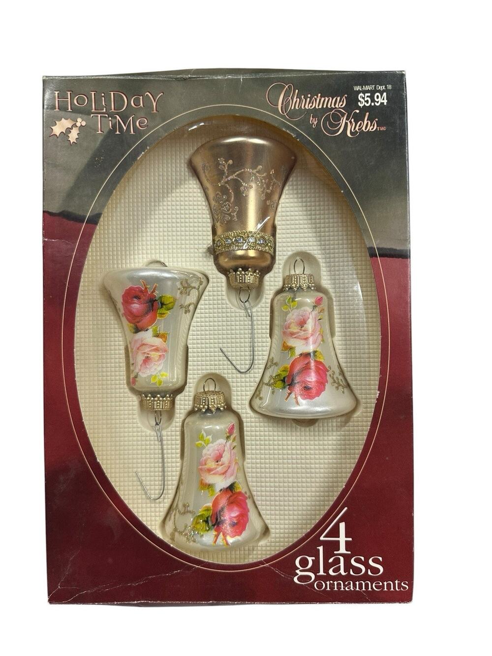 Vtg Holiday Time Christmas by Krebs Bell Shaped Victorian Floral Glass Ornaments